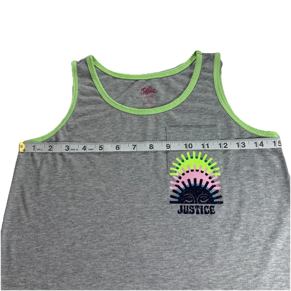 Justice Girls Grey Tank Top Neon Green Trim Graphic Pocket Size L 12/14